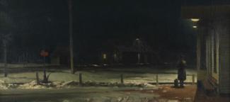 Leith-Ross' oil painting of a landscape at night with snow and a lady standing under a street lamp.