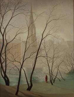 Thomas' oil painting with trees in the foreground, a couple in the middle ground and buildings in the background.