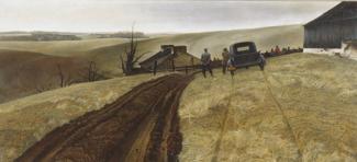 Wyeth's tempera paining of a landscape with a dirt road down the middle, two men in the middle ground and a house in the background. 