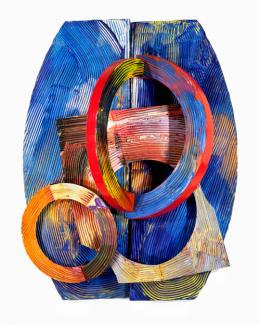 Gilliam's mixed media object in red, orange, yellow and blue.