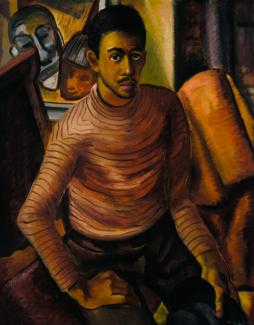 Johnson's oil painting of a self-portrait where he is sitting in a chair.