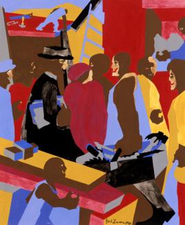 Lawrence's gouache painting of figures gathering in an interior space.