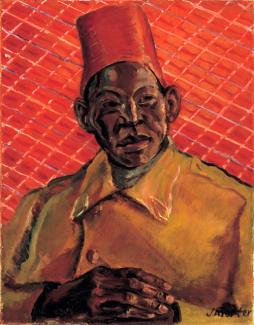 Porter's oil painting of a man wearing yellow with a red hat against a red background.