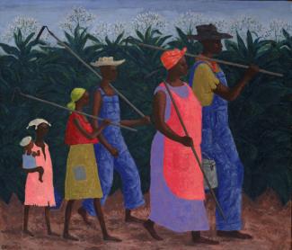 Wilson's oil painting of six figures walking in a field. 