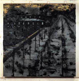 A painting of a train tracks going to Auschwitz. 