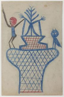 A colored pencil drawing of a basket with a man and owl on top.