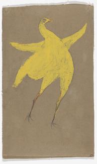 A painting of a chicken in yellow.
