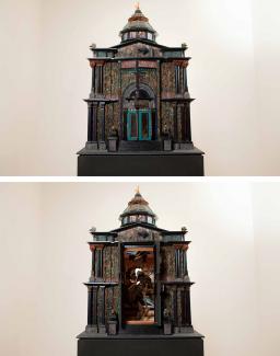 Two photographs of a model building.