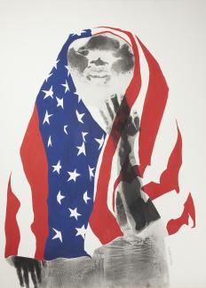 A lithograph of ET with an American flag over his head.