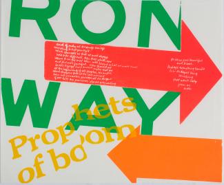 A screenprint with letters and words in green, red, yellow and orange.