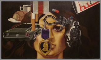 A painting of a woman's face with different objects around it - a car, a cigarette, a solider, a purple heart, etc.