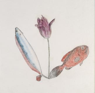 A drawing of two fish with a flower in the middle.