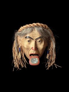 Exhibitions - HOOP, Freda Diesing (Haida), Mask, Old Woman with Labret, 1974, alderwood, paint, hair, cedar bark, abalone, glass beads, moose hide, bone or plastic, Courtesy of the Royal BC Museum, RBCM15057. Photo: Courtesy of the Royal BC Museum and Arc