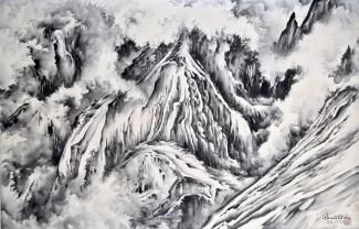Exhibitions - Chiura Obata, A Snow Storm Nearing Yosemite Government Center, 1939, sumi on silk, 20 7/8 x 32 5/8 inches, Private Collection.