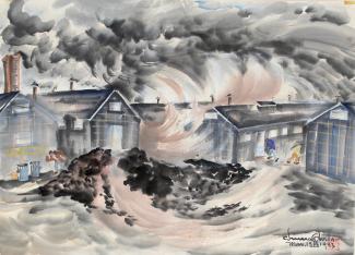 Exhibitions - Chiura Obata, Dust Storm, Topaz, 1943, watercolor on paper, 14 1/4 x 19 1/4 inches, Private Collection.