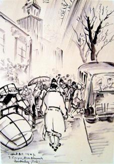 Exhibitions - Chiura Obata, Departure from Berkeley, First Congregational Church, Berkeley, 1942, sumi on paper, 23 3/4 x 14 1/2 inches, Private Collection.