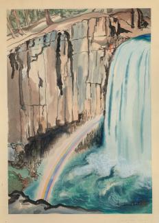 Exhibitions - Chiura Obata, Rainbow Falls, Inyo National Forest, 1930, color woodcut on paper, 15 5/8 x 11 inches, Smithsonian American Art Museum, Gift of the Obata Family, 2000.76.21, © 1989, Lillian Yuri Kodani.