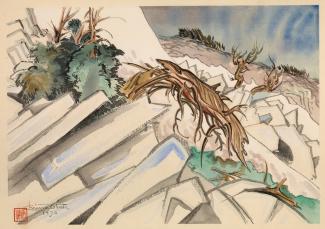 Exhibitions - Chiura Obata, Struggle, Trail to Johnson Peak, 1930, color woodcut on paper, 11 x 15 3/4 inches, Smithsonian American Art Museum, Gift of the Obata Family, 2000.76.4, © 1989, Lillian Yuri Kodani.