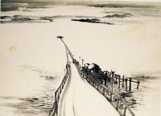 Exhibitions - Chiura Obata, Untitled (Pier), ca. 1930s, ink on paper, 15 x 20 3/4 inches, Private Collection.