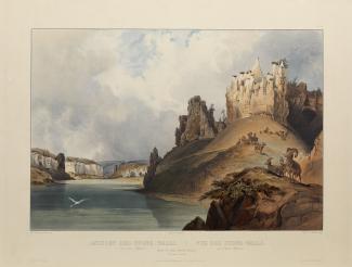 Exhibition - Humboldt, After Karl Bodmer, Charles Beyer, engraver, Friedrich Salathé, engraver, View of the Stone Walls on the Upper Missouri, 1840, hand-colored aquatint, plate mark: 15 7/8 x 20 3/4 in., image: 11 13/16 x 17 ¼ in., Joslyn Art Museum, Oma