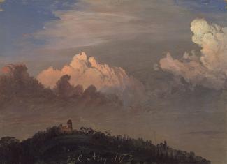Exhibition - Humboldt, Frederic Edwin Church, Clouds Over Olana, August 1872, oil on paper, 8 2/3 x 12 1/8 in., Olana State Historic Site, New York State Office of Parks, Recreation and Historic Preservation, OL.1976.1.