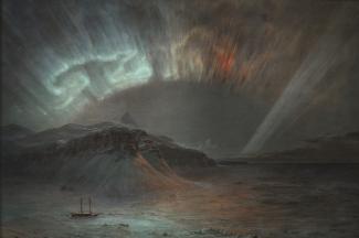 Exhibition - Humboldt, Frederic Edwin Church, Aurora Borealis, 1865, oil on canvas, 56 x 83 1/2 in., Smithsonian American Art Museum, Gift of Eleanor Blodgett, 1911.4.1, Photo by Gene Young.