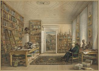 Exhibition - Humboldt, After Eduard Hildebrandt, Humboldt in His Library, 1856, chromolithograph on paper, 18 5/8 x 26 5/8 in., Collection of Mr. and Mrs. Robert F. Norfleet Jr., Photo: Travis Fullerton, Courtesy Virginia Museum of Fine Arts.