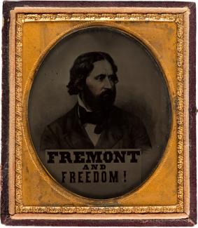 Exhibition - Humboldt, Unidentified photographer, John C. Frémont with “ Fremont and Freedom” banner, 1856, ambrotype housed in half of original leatherette case, 3 1/4 x 3 3/4 in., Collection of Alan V. Weinberg, Photo courtesy Heritage Auctions.