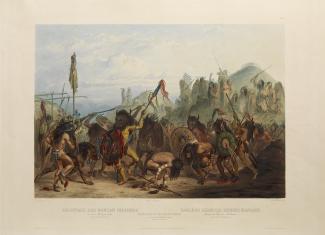 Exhibitions - Humboldt, After Karl Bodmer, Alexandre Damien Manceau, engraver, Bison Dance of the Mandan Indians in front of Their Medicine Lodge in Mih-Tutta-Hankush, 1842, hand-colored aquatint, plate mark: 16 1/2 x 21 5/16 in., image: 12 1/16 x 17 3/8 