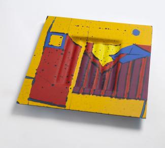 An artwork image of a painting with red, yellow and blue tones. 