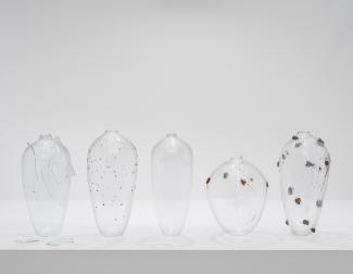 A photograph of five glass objects