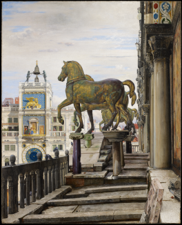 A painting of four bronze statues of horses standing on pedestals.