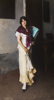 A painting of a young woman in a long white dress and a purple scarf.