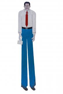 A painting of a tall and thin man in blue jeans, a white shirt, and red tie