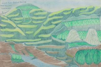 An ink and colored pencil drawing of hills and a stream.
