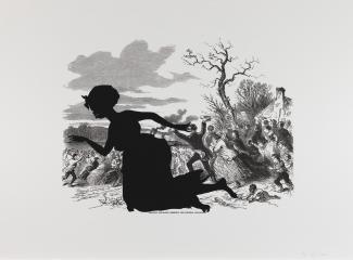 Kara Walker's work of a civil war scene and a black silhouette of a woman in front.