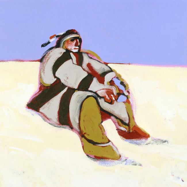 A painting of a man sitting down on a hill.