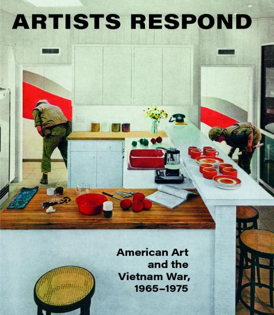 A picture of the book cover with painting of a kitchen with red utensils and an army man in the background.