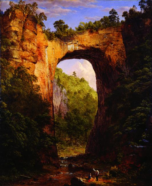 A painting of a bridge made from nature. 