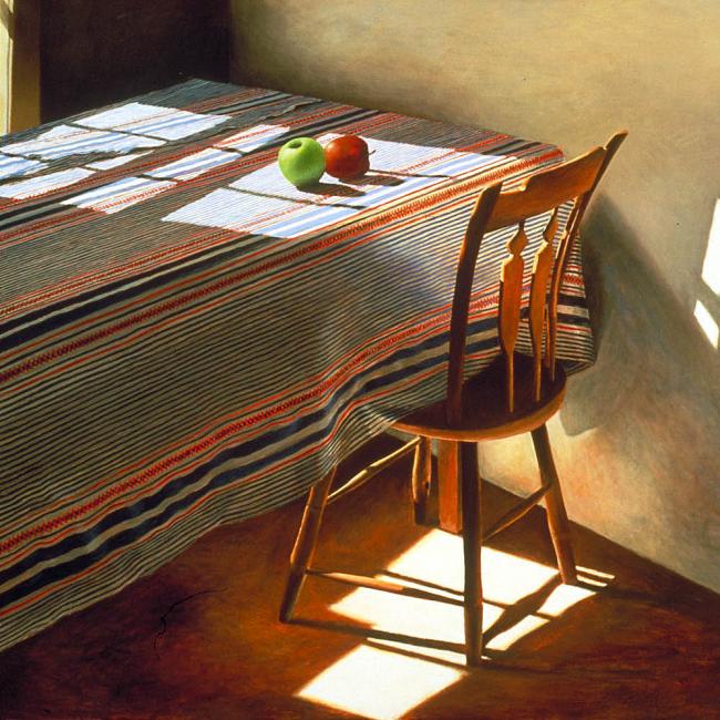 A painting of a chair at a table