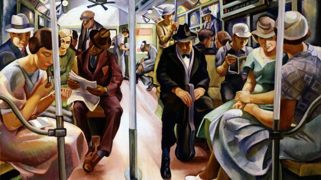 A painting of people on the subway