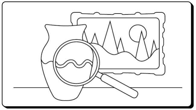 a line drawing of a vase, a painting, and a magnifying glass