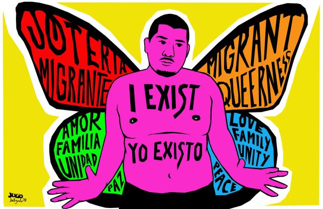 A vivid illustration of a person with butterfly wings. On the person's body are the words "I exist/yo existo." The wings have messages of love, family, and migration.