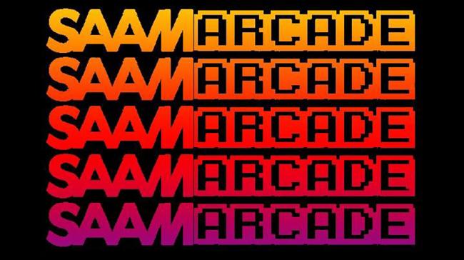 SAAM Arcade logo, repeating in rainbow colors