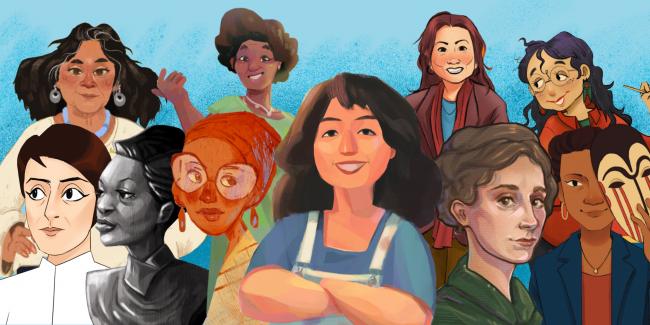 A colorful illustrated banner depicting ten women artists