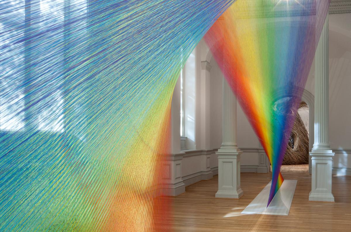 Dawe's Plexus A1 displaying an array of colors with Dougherty's Shindig made of bend twigs in the background