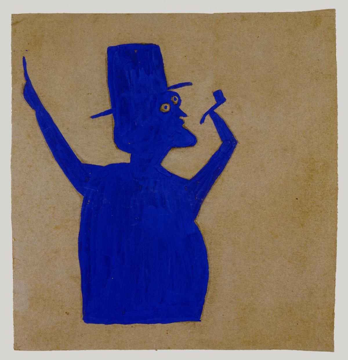 truncated blue man with pipe Figure of man wearing hat and holding pipe in hand with arms raised.