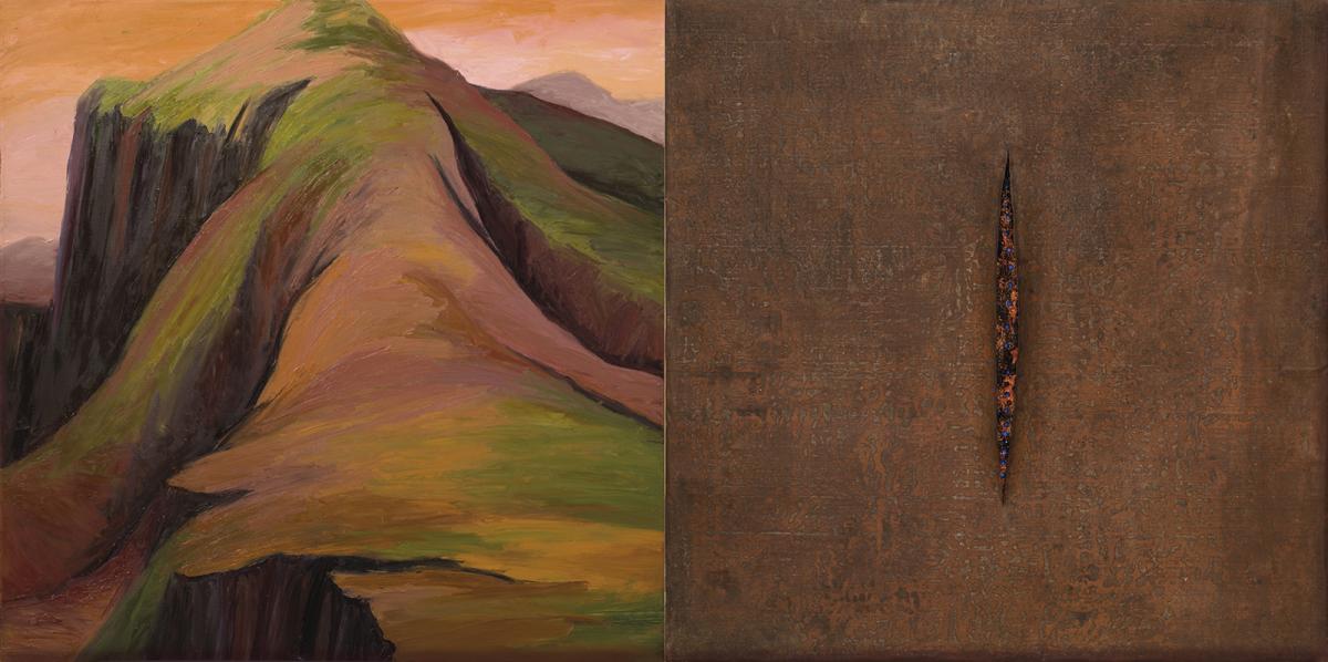 A painting of two scenes. On the left is a moutain in brown and green and on the right is a brown canvas with a line down the middle. 