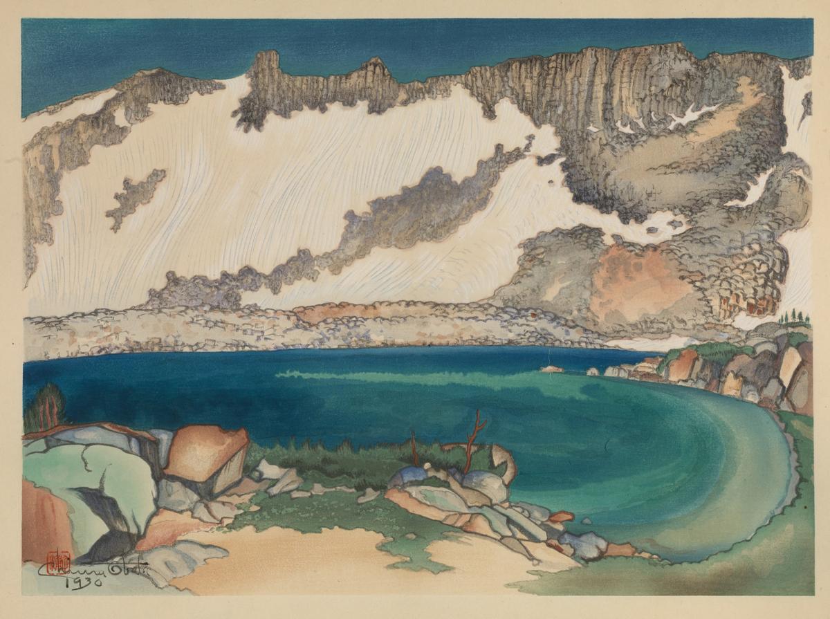 A watercolor image of a lake with mountains in the background.