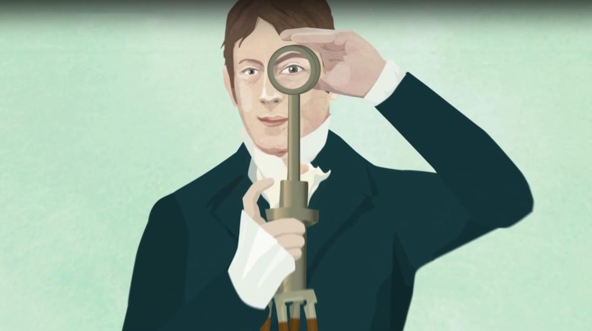 An animation of a man holding a telescope